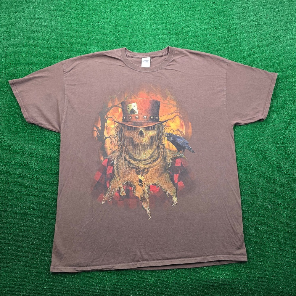 Evil Scarecrow Tshirt Mens 2XL Brown Short Sleeve Graphic Tee Halloween Raven